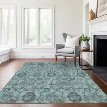 3' X 5' Turquoise Gray And Charcoal Damask Washable Indoor Outdoor Area Rug