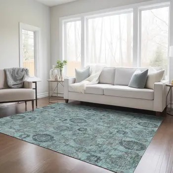 3' X 5' Turquoise Gray And Charcoal Damask Washable Indoor Outdoor Area Rug