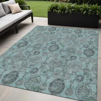 5' X 8' Turquoise Gray And Charcoal Damask Washable Indoor Outdoor Area Rug