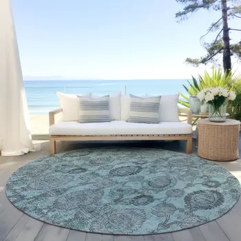 8' Turquoise Gray And Charcoal Round Damask Washable Indoor Outdoor Area Rug