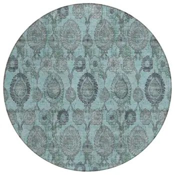 8' Turquoise Gray And Charcoal Round Damask Washable Indoor Outdoor Area Rug