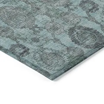 8' Turquoise Gray And Charcoal Round Damask Washable Indoor Outdoor Area Rug