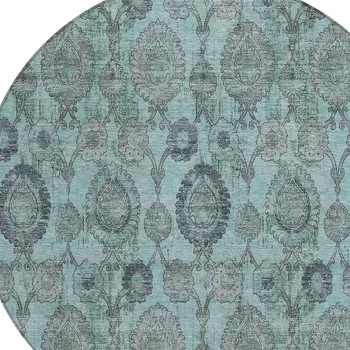 8' Turquoise Gray And Charcoal Round Damask Washable Indoor Outdoor Area Rug