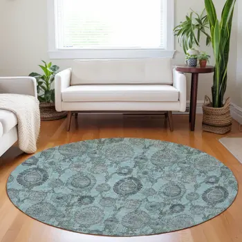 8' Turquoise Gray And Charcoal Round Damask Washable Indoor Outdoor Area Rug