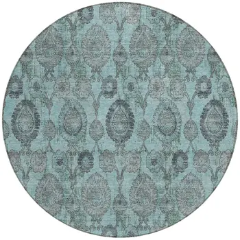 8' Turquoise Gray And Charcoal Round Damask Washable Indoor Outdoor Area Rug