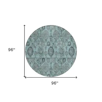 8' Turquoise Gray And Charcoal Round Damask Washable Indoor Outdoor Area Rug