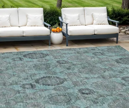 8' X 10' Turquoise Gray And Charcoal Damask Washable Indoor Outdoor Area Rug