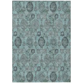 8' X 10' Turquoise Gray And Charcoal Damask Washable Indoor Outdoor Area Rug