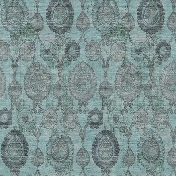 8' X 10' Turquoise Gray And Charcoal Damask Washable Indoor Outdoor Area Rug