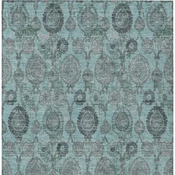 9' X 12' Turquoise Gray And Charcoal Damask Washable Indoor Outdoor Area Rug