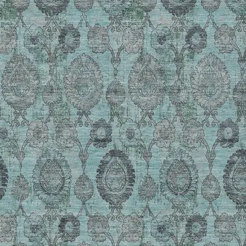 9' X 12' Turquoise Gray And Charcoal Damask Washable Indoor Outdoor Area Rug