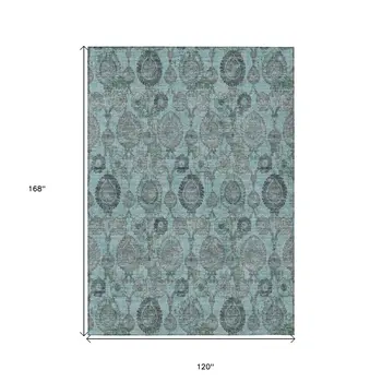 10' X 14' Turquoise Gray And Charcoal Damask Washable Indoor Outdoor Area Rug