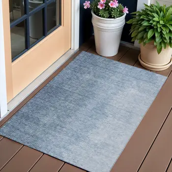 3' X 5' Navy Blue And Sky Blue Abstract Washable Indoor Outdoor Area Rug
