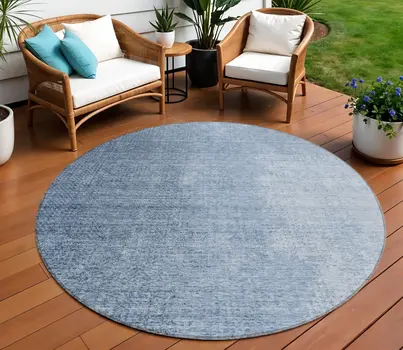 8' Navy Blue And Sky Blue Round Abstract Washable Indoor Outdoor Area Rug