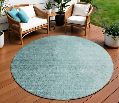 8' Teal Blue And Aqua Round Abstract Washable Indoor Outdoor Area Rug