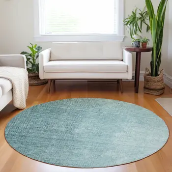 8' Teal Blue And Aqua Round Abstract Washable Indoor Outdoor Area Rug