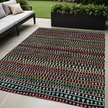 5' X 8' Black Green And Gold Striped Washable Indoor Outdoor Area Rug