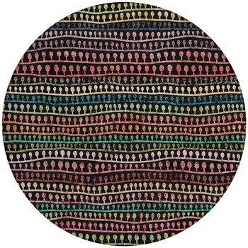 8' Black Green And Gold Round Striped Washable Indoor Outdoor Area Rug