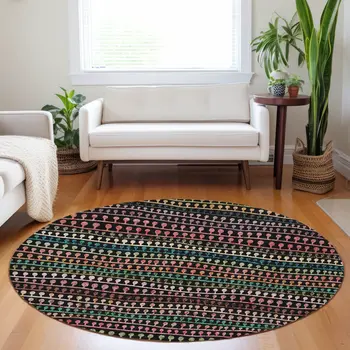 8' Black Green And Gold Round Striped Washable Indoor Outdoor Area Rug