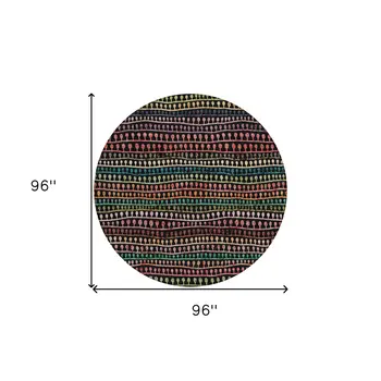 8' Black Green And Gold Round Striped Washable Indoor Outdoor Area Rug