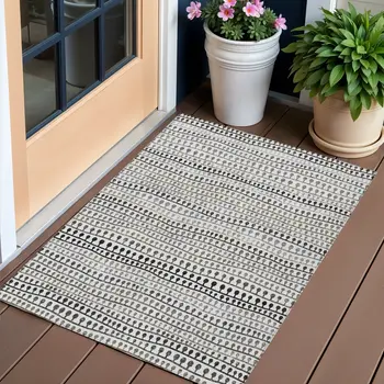 3' X 5' Ivory Taupe And Charcoal Striped Washable Indoor Outdoor Area Rug