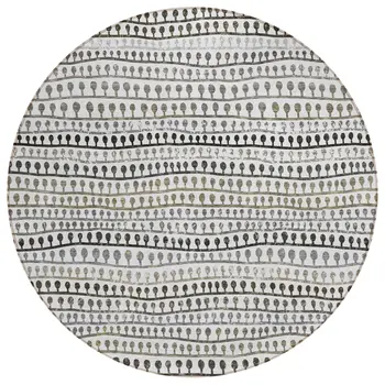 8' Ivory Taupe And Charcoal Round Striped Washable Indoor Outdoor Area Rug