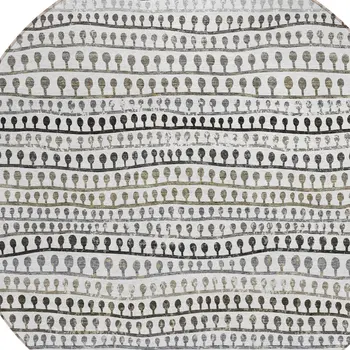 8' Ivory Taupe And Charcoal Round Striped Washable Indoor Outdoor Area Rug