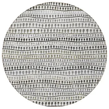 8' Ivory Taupe And Charcoal Round Striped Washable Indoor Outdoor Area Rug