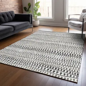 8' X 10' Ivory Taupe And Charcoal Striped Washable Indoor Outdoor Area Rug