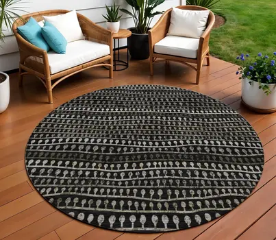 8' Taupe Charcoal And Gray Round Striped Washable Indoor Outdoor Area Rug