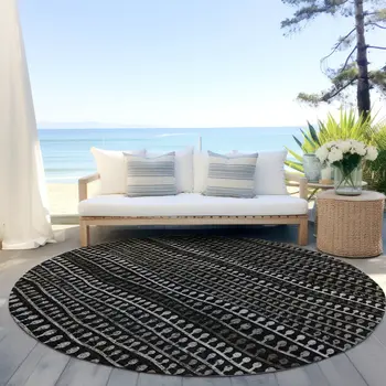 8' Taupe Charcoal And Gray Round Striped Washable Indoor Outdoor Area Rug