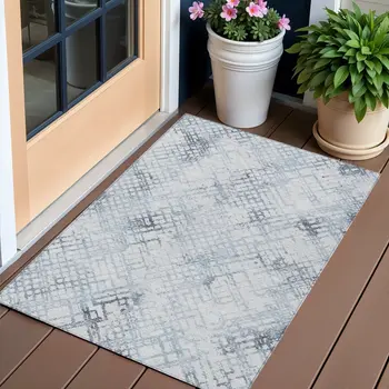 3' X 5' Navy Blue And Sky Blue Geometric Washable Indoor Outdoor Area Rug