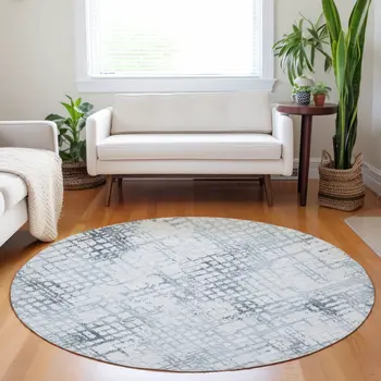 8' Navy Blue And Sky Blue Round Geometric Washable Indoor Outdoor Area Rug