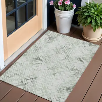 3' X 5' Artichoke Green And Ivory Geometric Washable Indoor Outdoor Area Rug