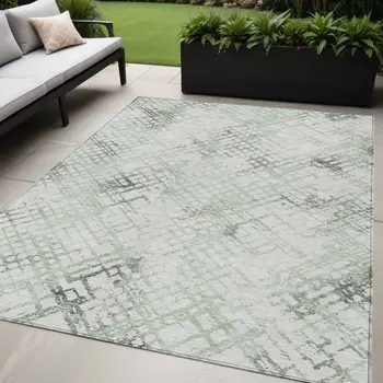 5' X 8' Artichoke Green And Ivory Geometric Washable Indoor Outdoor Area Rug