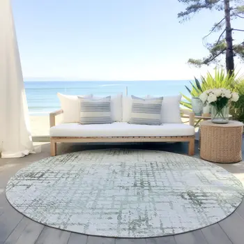 8' Artichoke Green And Ivory Round Geometric Washable Indoor Outdoor Area Rug