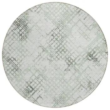 8' Artichoke Green And Ivory Round Geometric Washable Indoor Outdoor Area Rug