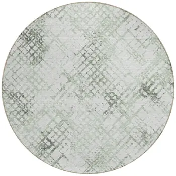 8' Artichoke Green And Ivory Round Geometric Washable Indoor Outdoor Area Rug