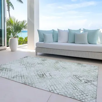 8' X 10' Artichoke Green And Ivory Geometric Washable Indoor Outdoor Area Rug