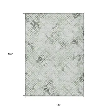 10' X 14' Artichoke Green And Ivory Geometric Washable Indoor Outdoor Area Rug
