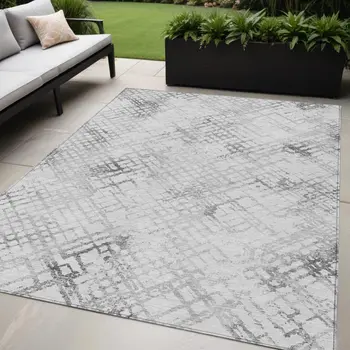 5' X 8' Gray Charcoal And Silver Geometric Washable Indoor Outdoor Area Rug
