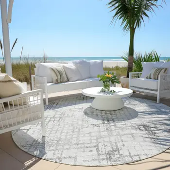 8' Gray Charcoal And Silver Round Geometric Washable Indoor Outdoor Area Rug