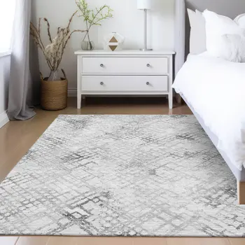 9' X 12' Gray Charcoal And Silver Geometric Washable Indoor Outdoor Area Rug