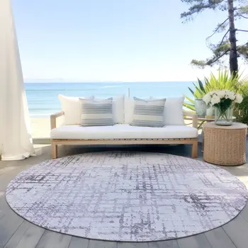 8' Purple Lavender And Silver Round Geometric Washable Indoor Outdoor Area Rug