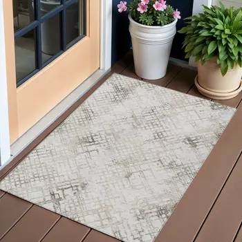 3' X 5' Taupe Beige And Brown Geometric Washable Indoor Outdoor Area Rug