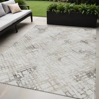 5' X 8' Taupe Beige And Brown Geometric Washable Indoor Outdoor Area Rug