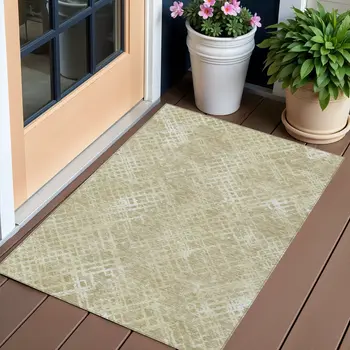 3' X 5' Beige Tan And Ivory Geometric Washable Indoor Outdoor Area Rug