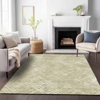 5' X 8' Beige Tan And Ivory Geometric Washable Indoor Outdoor Area Rug