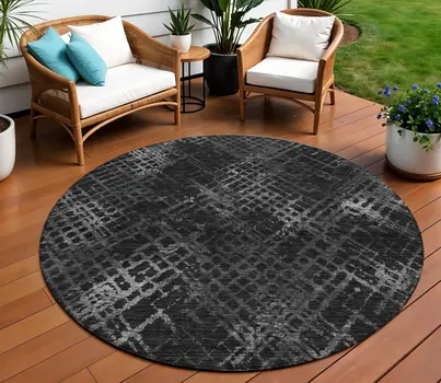 8' Charcoal Gray And Silver Round Geometric Washable Indoor Outdoor Area Rug