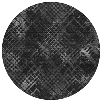 8' Charcoal Gray And Silver Round Geometric Washable Indoor Outdoor Area Rug